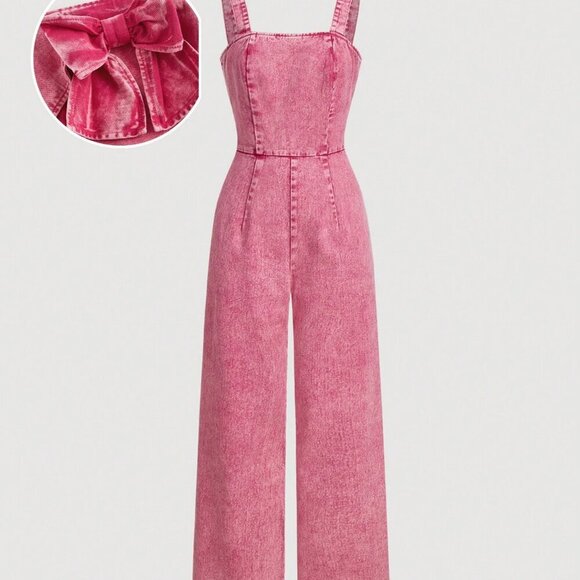 Denim - Pink Casual Women's Wide Leg Loose Versatile Denim Bib Pants